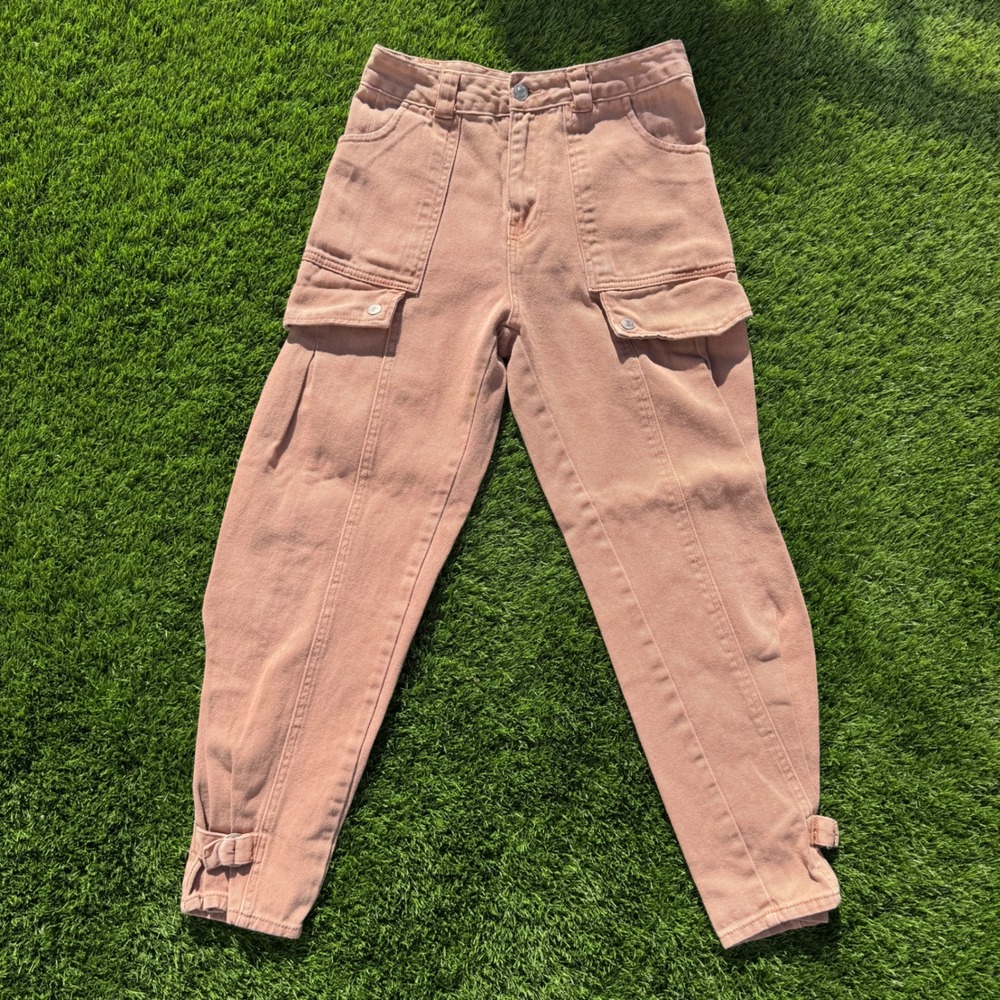 Forever 21 Women Medium Pink Y2K Cargo Denim Pants High Rise Tapered Ankle Strap